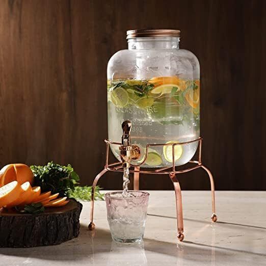 5L Glass Drink Dispenser with Fruit and Ice Infuser, Metal Stand golden stand Bottled Water Dispenser-image-32