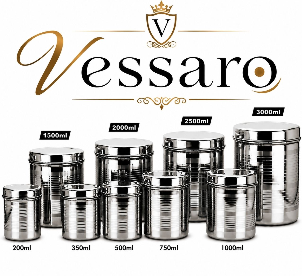 vessaro Steel, Stainless Steel Grocery Container - 3000 ml, 2500 ml, 2000 ml, 1500 ml, 1000 ml, 750 ml, 500 ml, 350 ml, 200 ml-picture-27