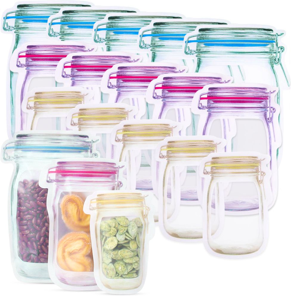 15pcs Mason Jar Shaped Snack Bags Zip Lock Food Storage Bags 3 Sizes