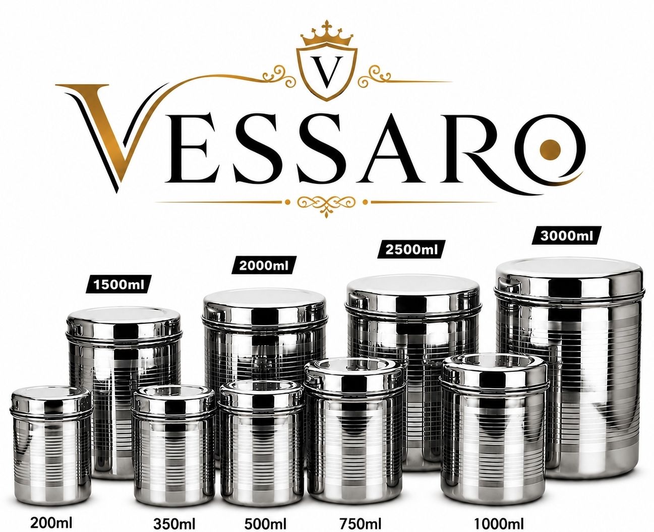 vessaro Steel, Stainless Steel Grocery Container - 3000 ml, 2500 ml, 2000 ml, 1500 ml, 1000 ml, 750 ml, 500 ml, 350 ml, 200 ml-picture-42