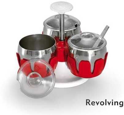 aranka Stainless Stee Revolving Pickle Pot of 3 Jar Stand and 3 Spoon Bowl Serving Set-picture-11