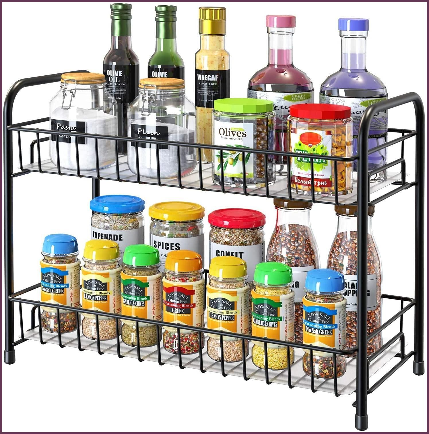Containers Kitchen Rack Countertop Spice Organizer 2 Tier Metal Stand Matte Black Iron-image-25