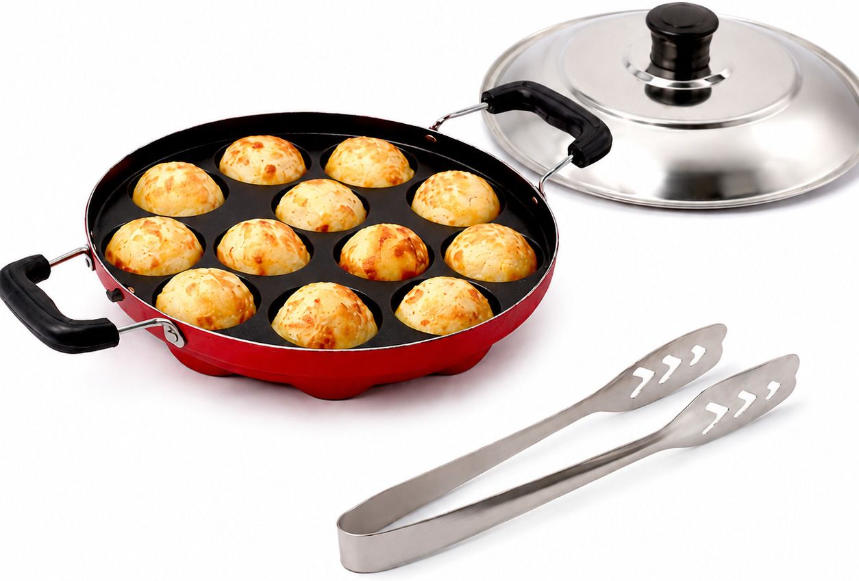 nestify traders 12 Cavity Non-Stick Appam Pan with Lid Taper Fry Pan 10 cm diameter with Lid 0.5 L capacity-picture-1