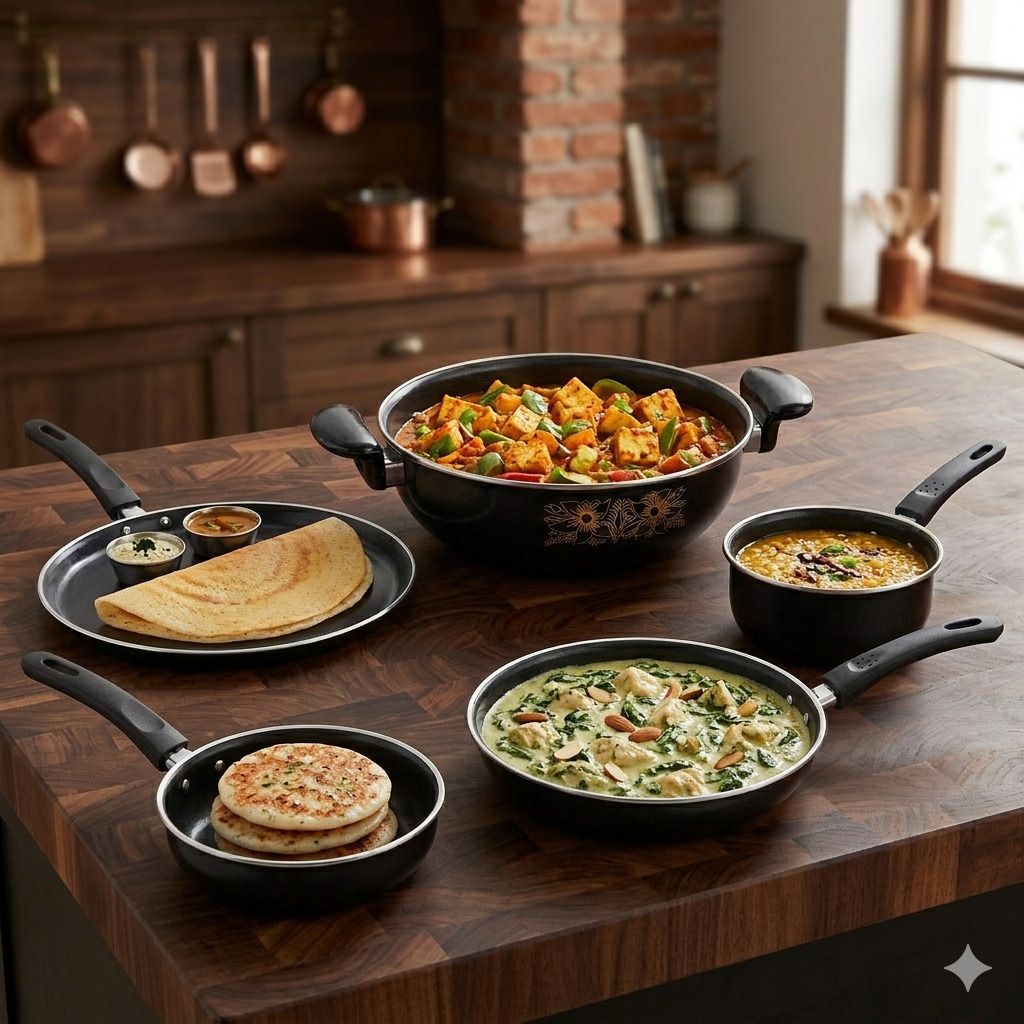 jainpet 5-Piece Set – Even Heat Distribution & Non-Stick Fry Pan 22 cm diameter 6 L capacity-picture-2