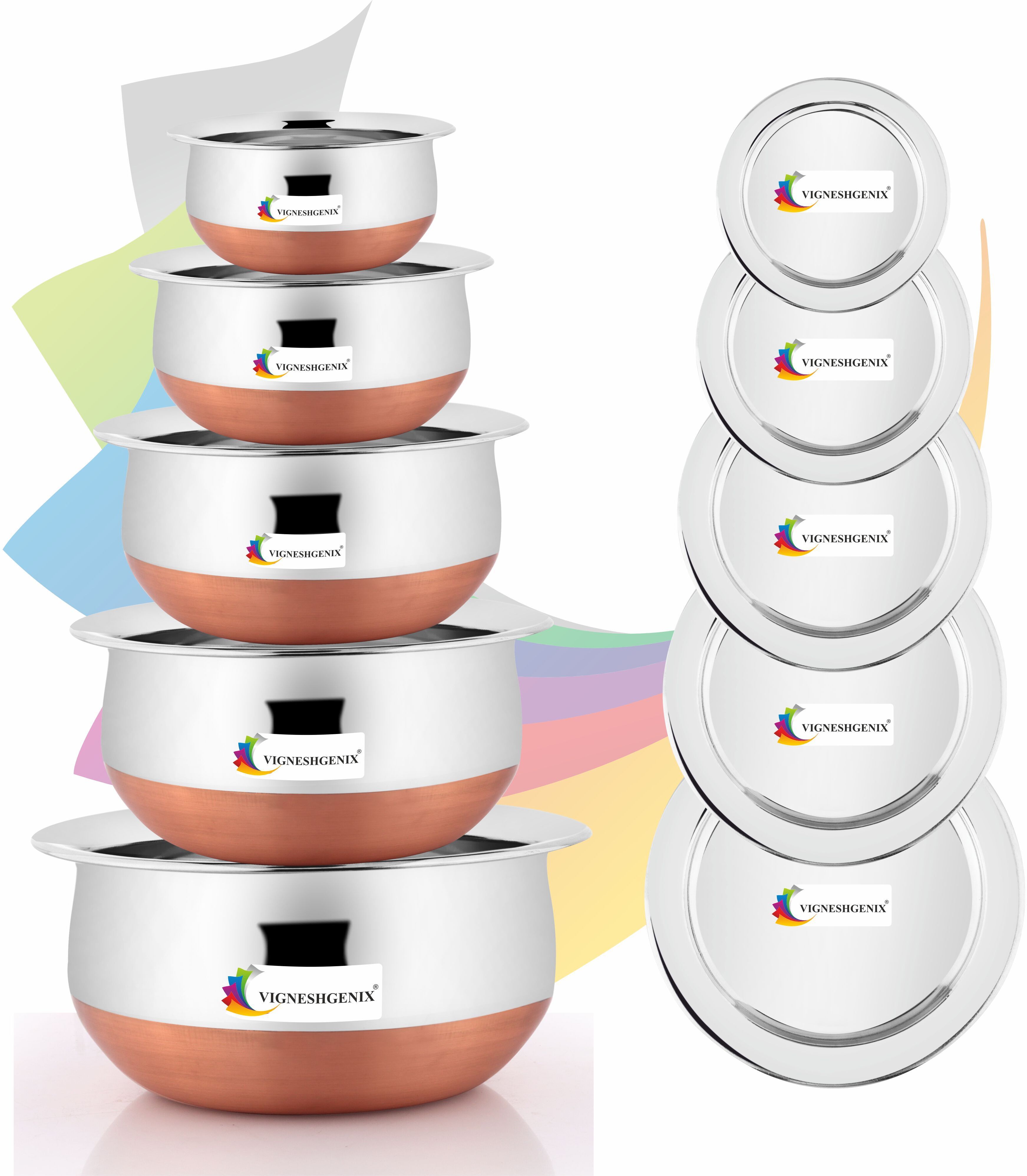 mkiu Pack of 5 Stainless Steel Stainless Steel Copper Handi 5 Pcs Set lid 1500ML,1100ML,800ML,600ML,400ML Dinner Set-picture-14