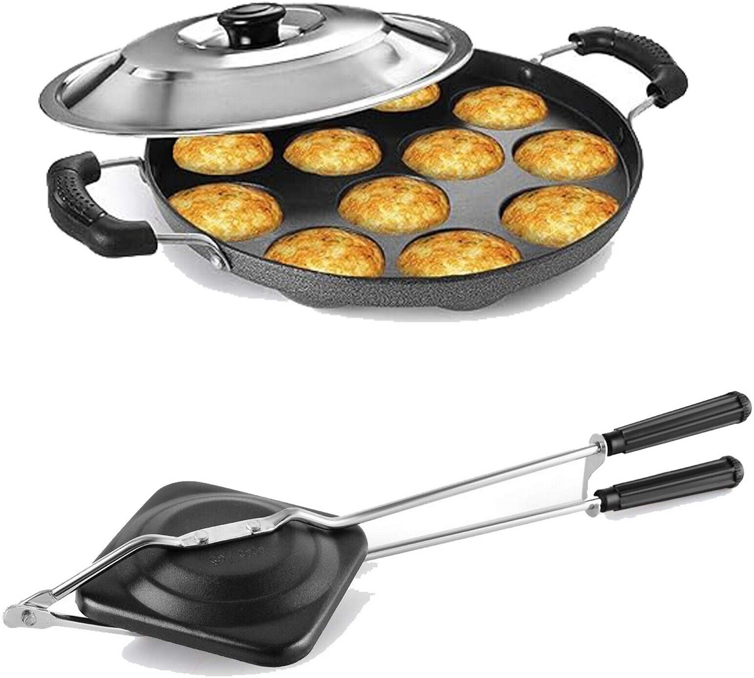 Non-electric Sandwich Maker | 2 Side Handle Appam Patra / Appam pan with Lid S1 0 W Pop Up Toaster