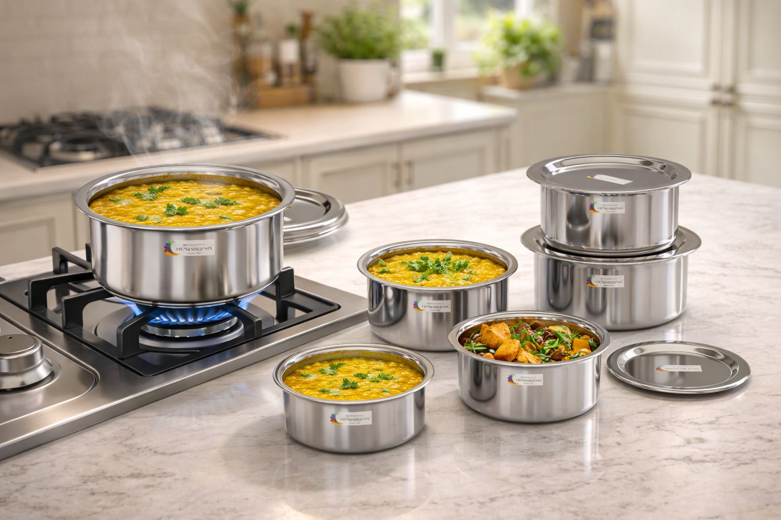 vigshrise Patila/Top/Tapeli/Bhagona With Lid,Siba Or Dhakan Made By Steel(1.5-0.4L) Bowl, Plate Serving Set-picture-22