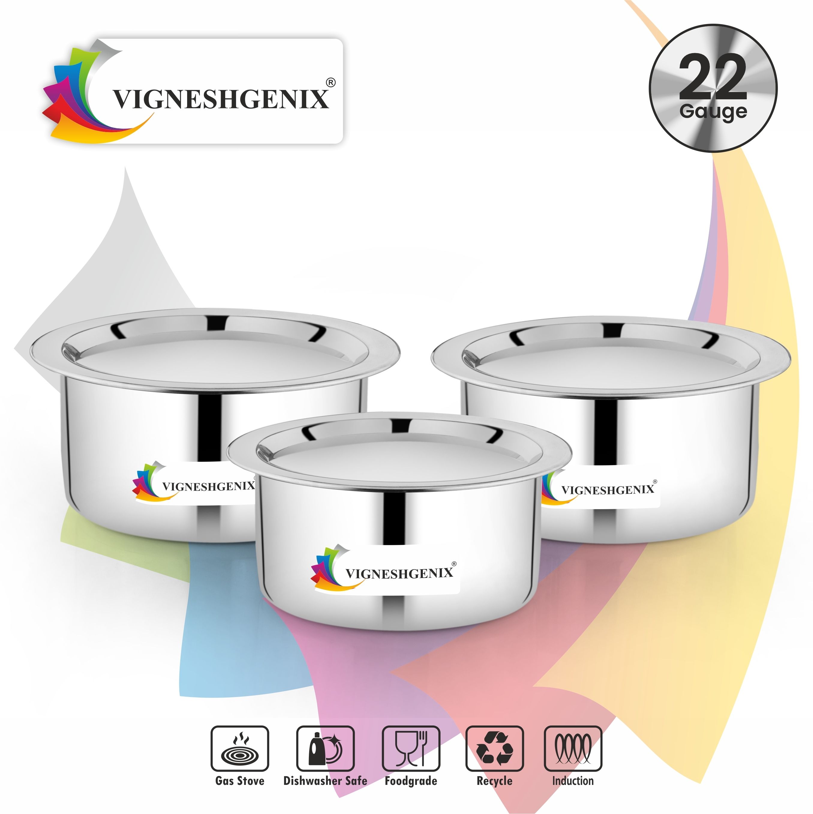 mkiu Pack of 3 Stainless Steel Stainless Steel Tope Set 22-Gauge Heavy Cookware with Steel Lid, 3 L, 2.5 L, 2 L Dinner Set-picture-15