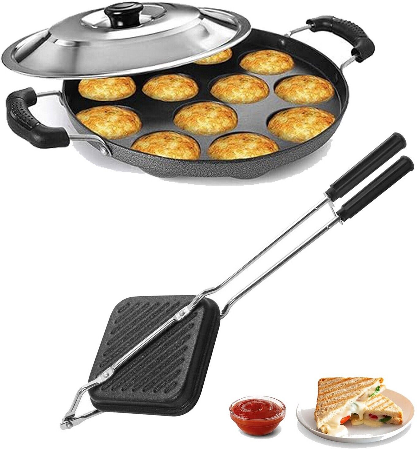 Non-Stick Aluminium Grill Sandwich Bread Toaster | Appam Patra with Steel Lid S2 0 W Pop Up Toaster