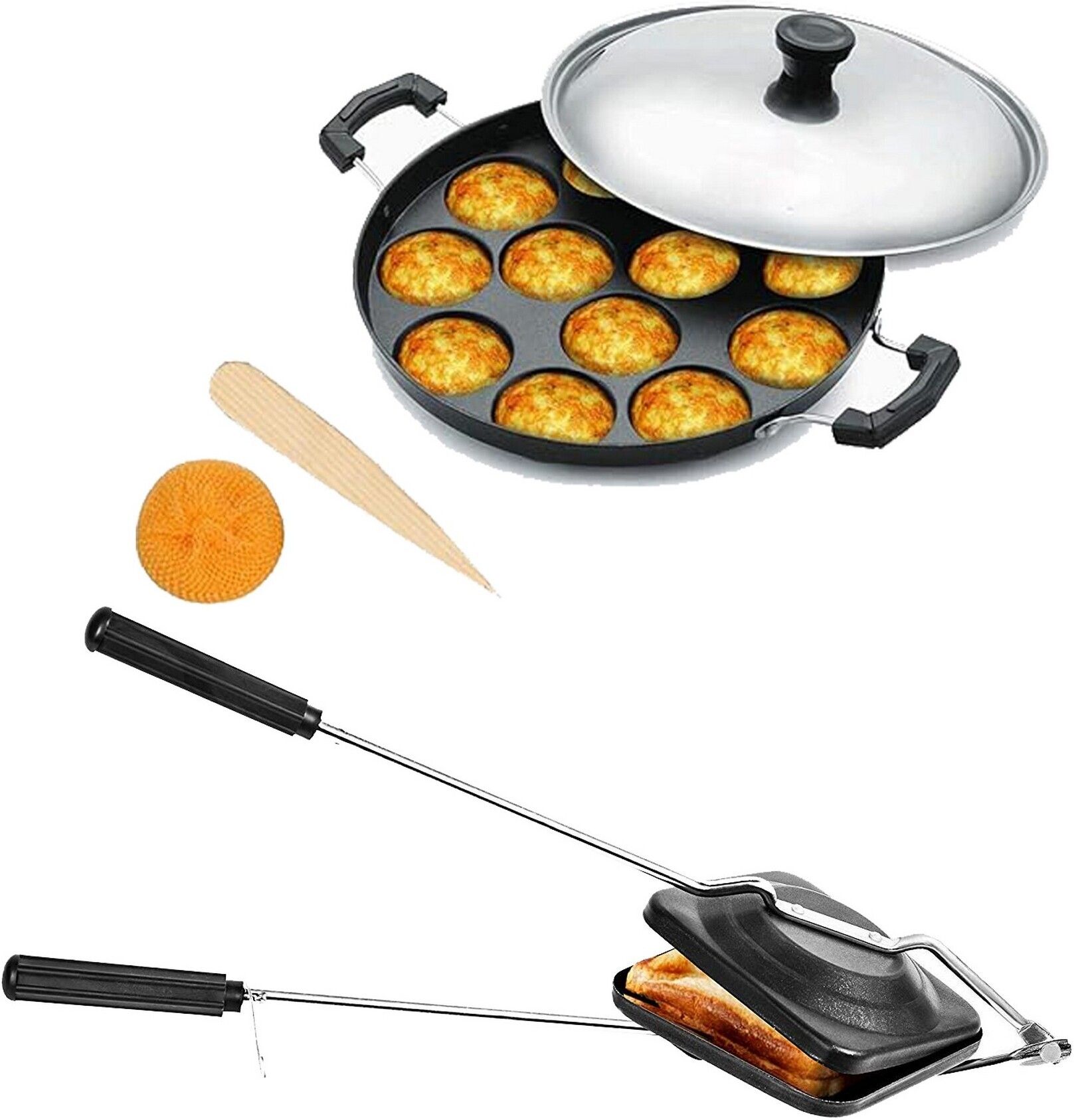Non-electric Sandwich Maker | 2 Side Handle Appam Patra / Appam pan with Lid S3 0 W Pop Up Toaster
