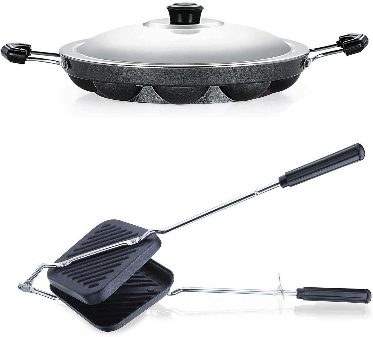 Non-Stick Aluminium Grill Sandwich Bread Toaster | Appam Patra with Steel Lid K5 0 W Pop Up Toaster-image-43