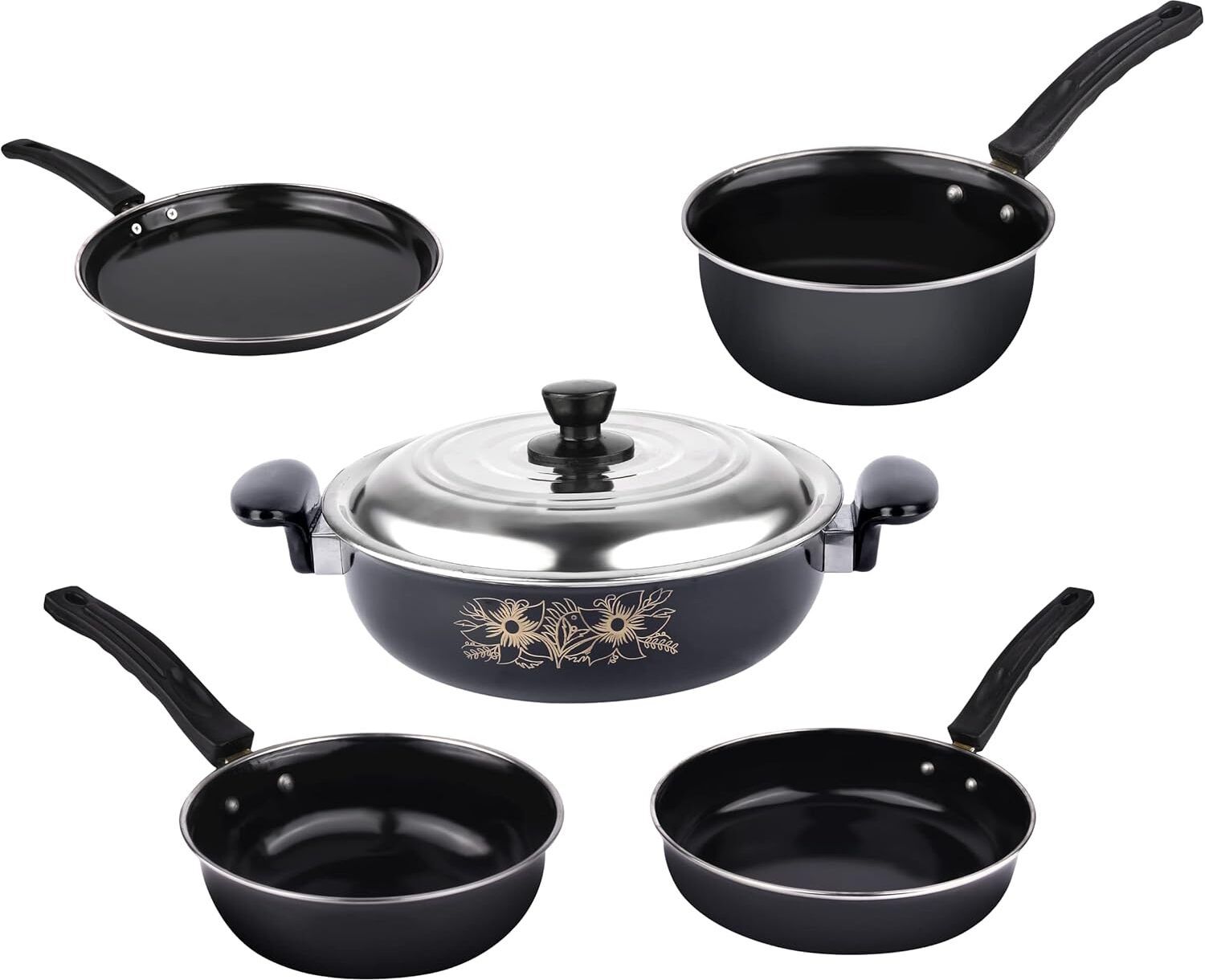 6-Piece Non-Stick cookware Set for Daily Home Cooking Curry Pan 15 cm diameter with Lid 3.5 L capacity-image-2