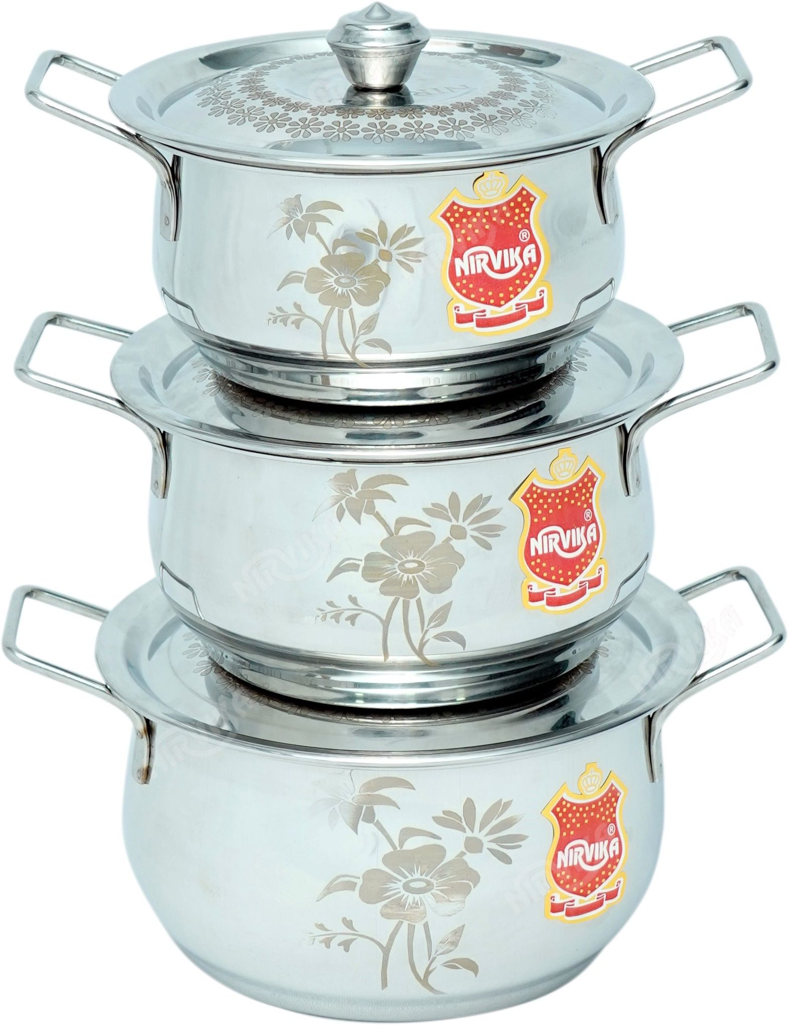 Pack of 3 Stainless Steel Laser handi Kitchen Biryani Cooking & Serving Patila set0.750 L, 1.000 L,1.500 L Dinner Set-image-0
