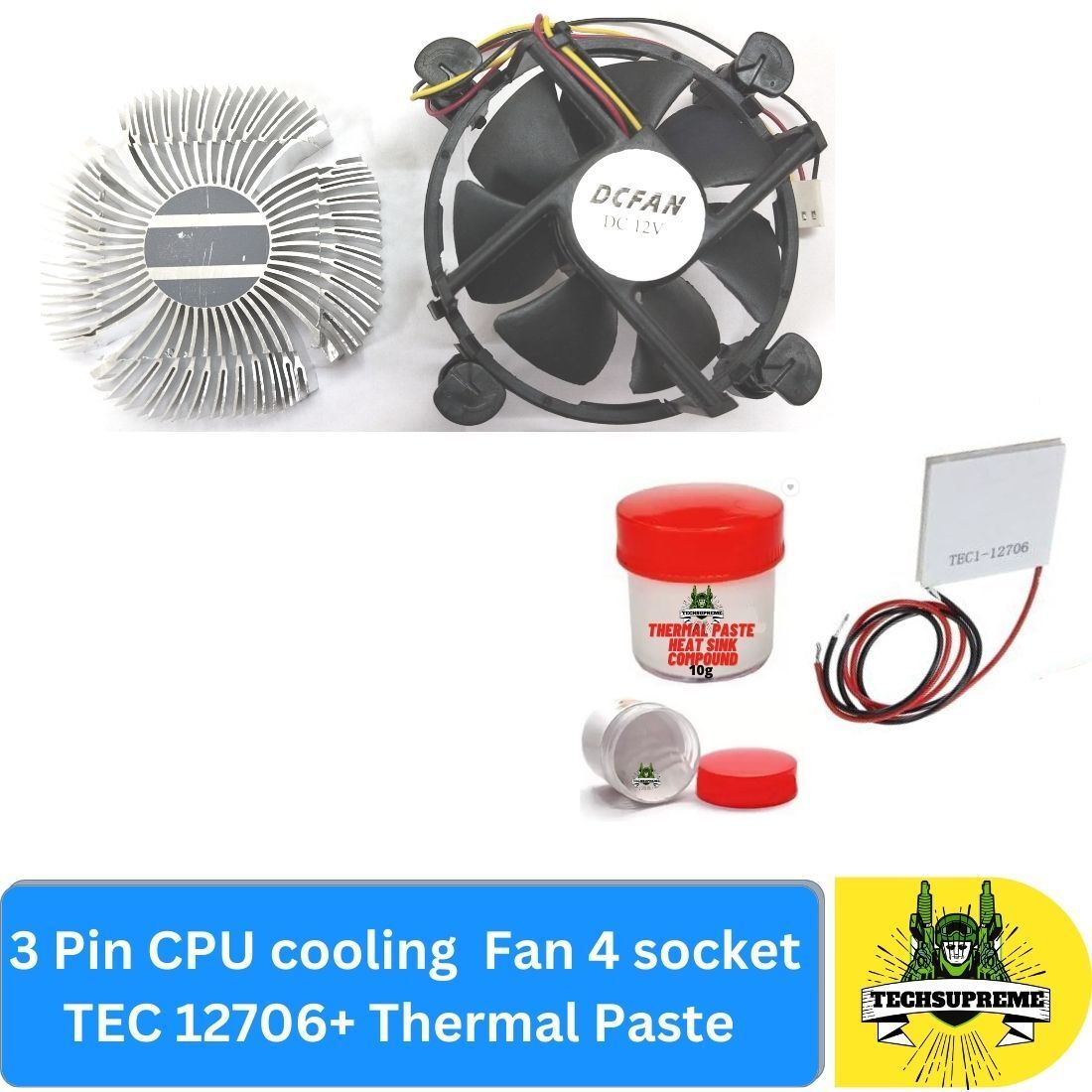TechSupreme 3 Pin CPU cooling Fan 4 socket TEC 12706 Thermal Paste Cooler-image-39