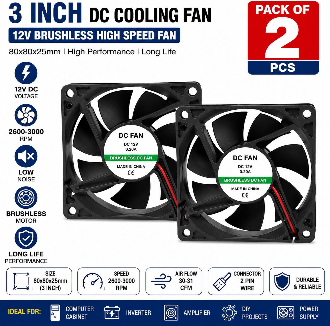 TAKSHAVI (Pack of 2) 3 Inch DC Cooling Fan 12V Brushless 80x80x25mm High Speed Cooling Fan Cabinet Cooler-picture-19