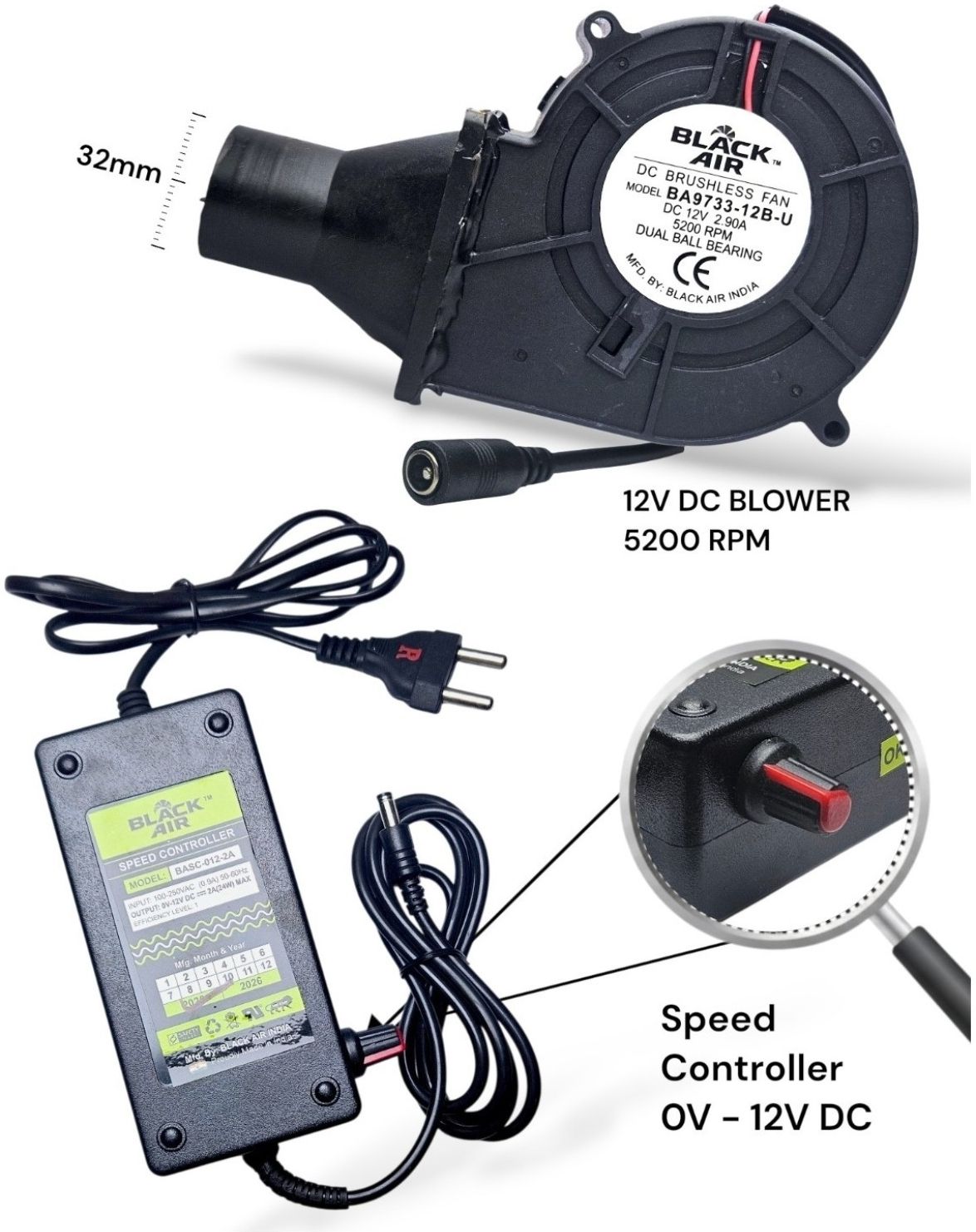 Black Air 5200RPM 12VDC 2.90A BLOWER FAN WITH NOZZLE & SPEED CONTROLLER FOR WOOD/BBQ STOVE Cooling Fan All in one Cooler-image-42