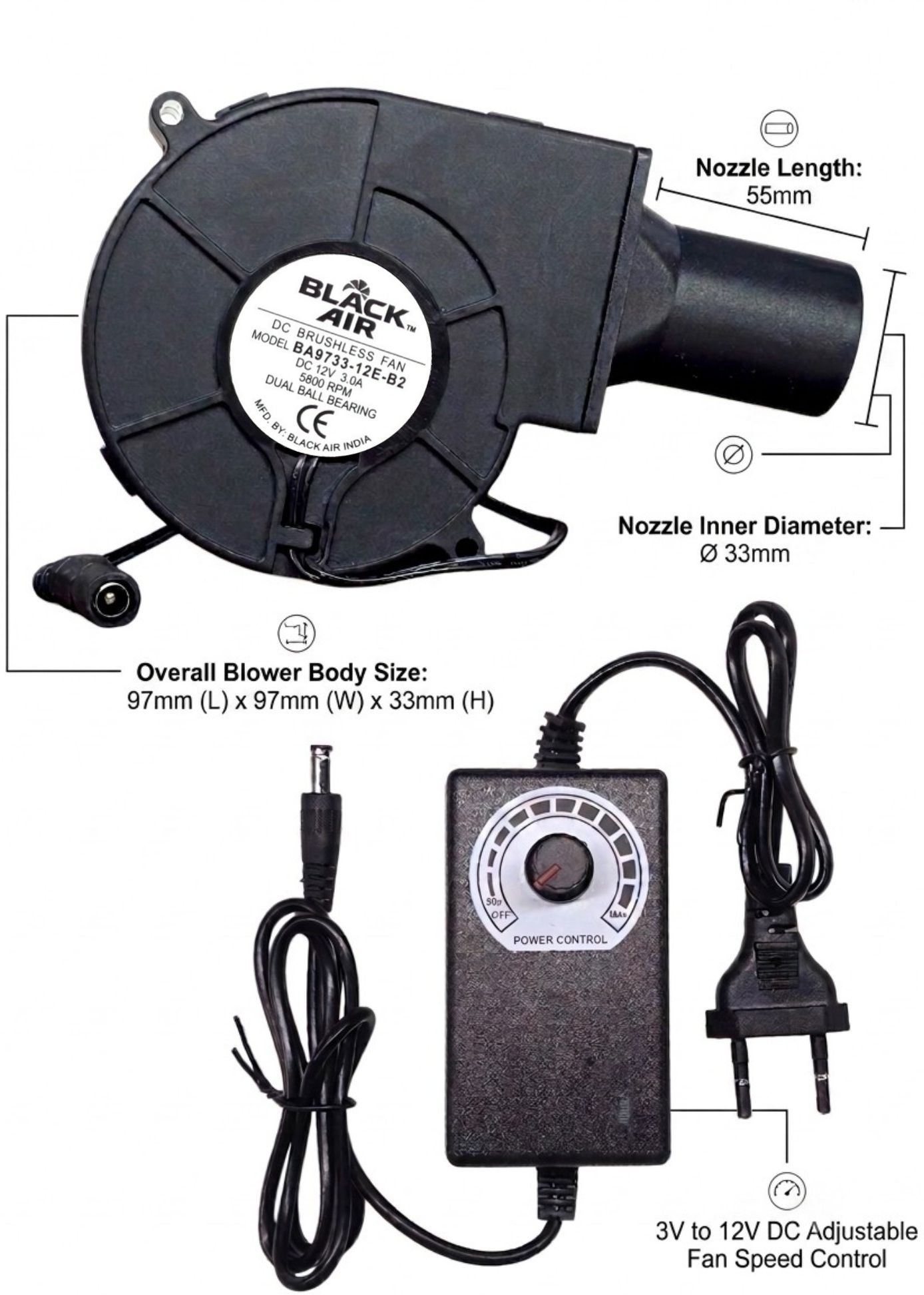 Black Air 97mm x 33mm 5800 RPM | DC Blower Fan with 3v - 12v DC Speed Controller Fan with Heat Pipes Cabinet Cooler-image-3