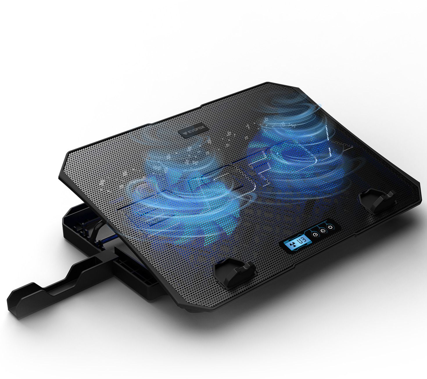 EVOFOX Frost Plus Dual Fans Blue Backlight, LCD Display, 5 Adjustable Angles, USB Ports 2 Fan Ergonomic Cooling Pad with Adjustable Height