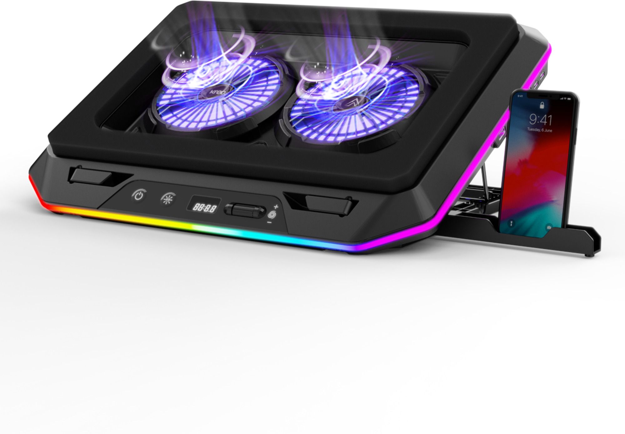 Kreo Arctik Pro Laptop Cooler Pad 7-Way Adjustable with RGB Lighting, 3000RPM 2 Fan Ergonomic Cooling Pad with Adjustable Height