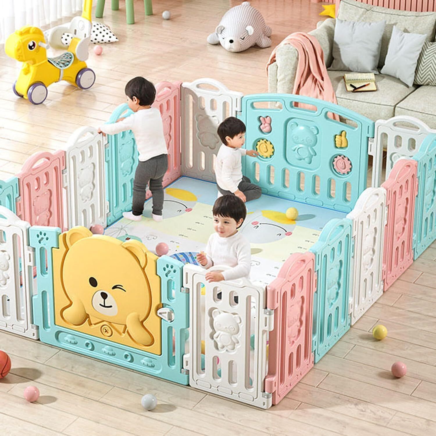 hukimoyo Baby Playpen Playarea Fence 18 Panel for Kids Playard Indoor Play Area with Ball Bassinet-picture-35