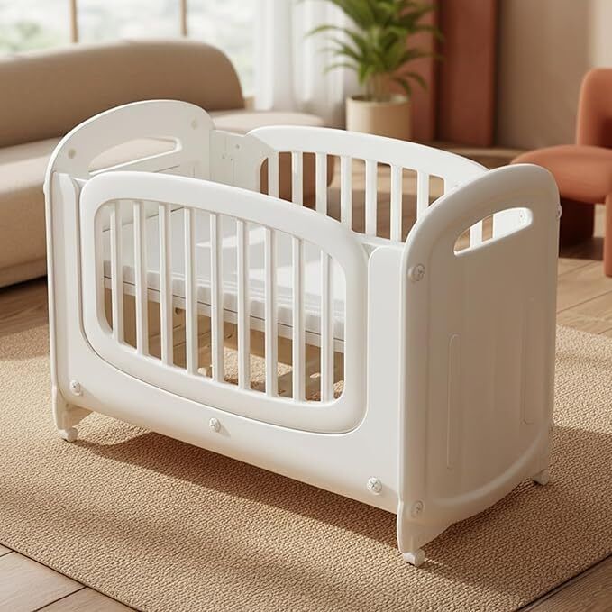 Crib for 0 to 3 Year Baby with Locking Wheels, Storage Basket, Multi-Functional Cot-image-48
