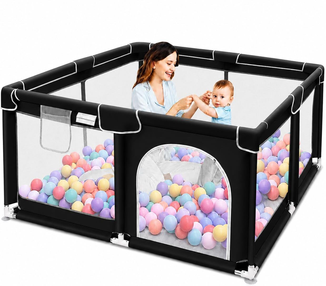 Baby Playpen Safety Fence with Mesh Sides & Ball Pool Cot-image-12