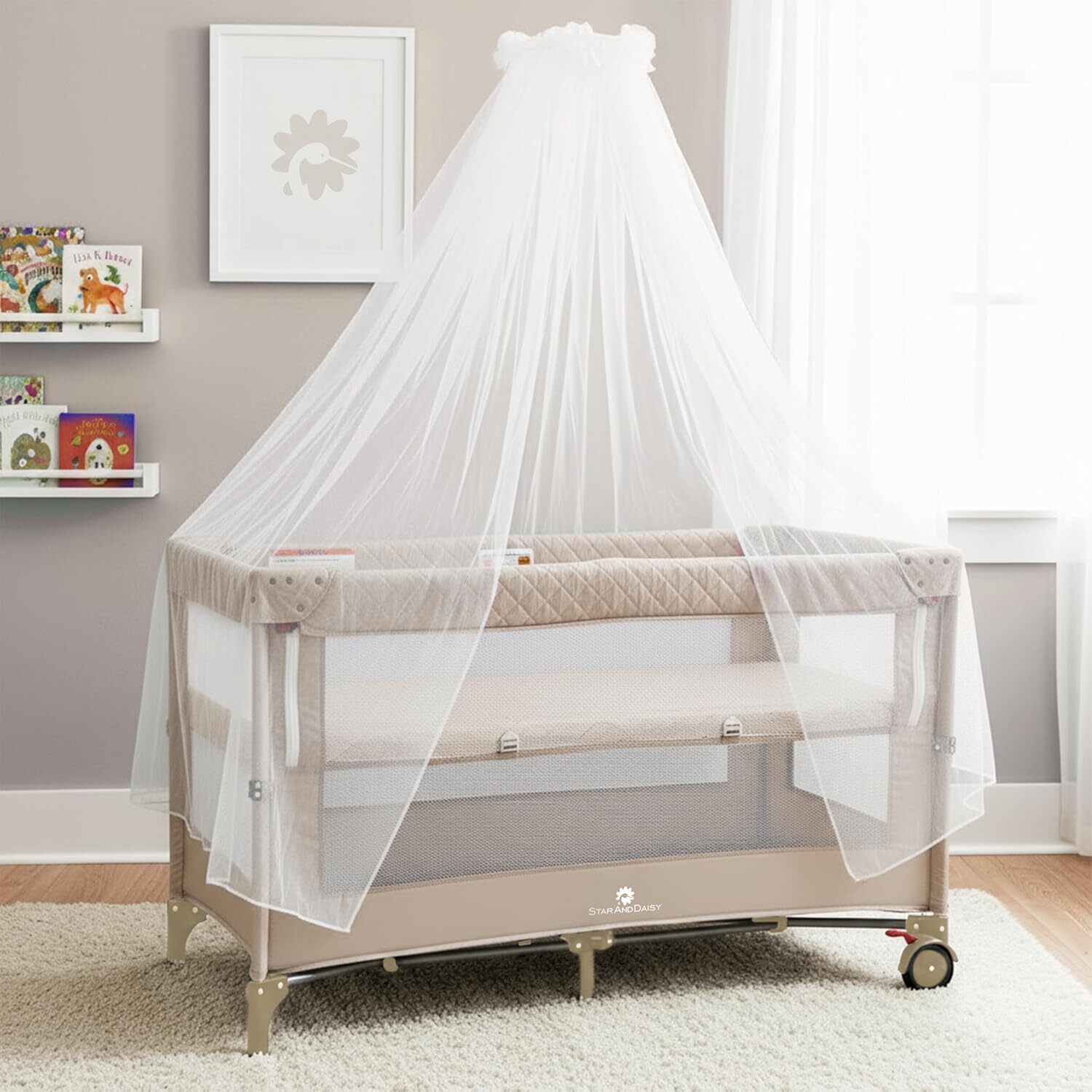 staranddaisy Newborn Baby Cradle with Wheels, Storage Basket & Mosquito Net, Sleeping Bed Cot-picture-17