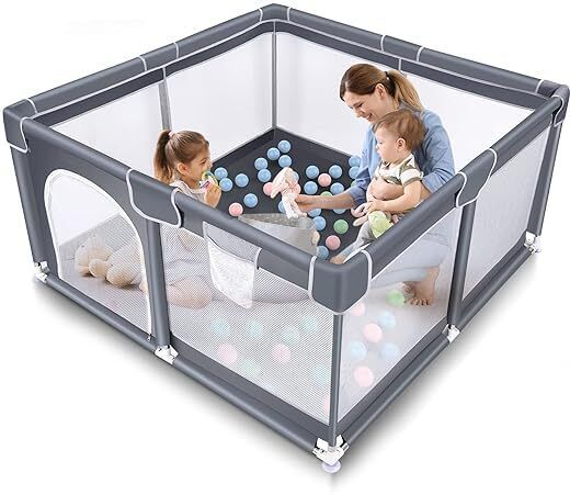 Baby Playpen with Ball – Portable Play Yard with Breathable Mesh Panels (gray) Cot