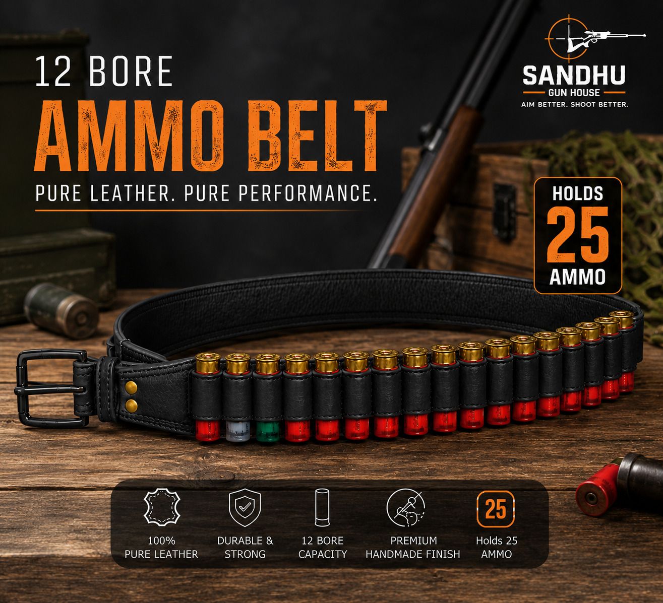 sandhugunhouse Premium Leather Belt For 12 Bore Gun Cartridge (Ammo) Racquet Carry Case/Cover Free Size-picture-10