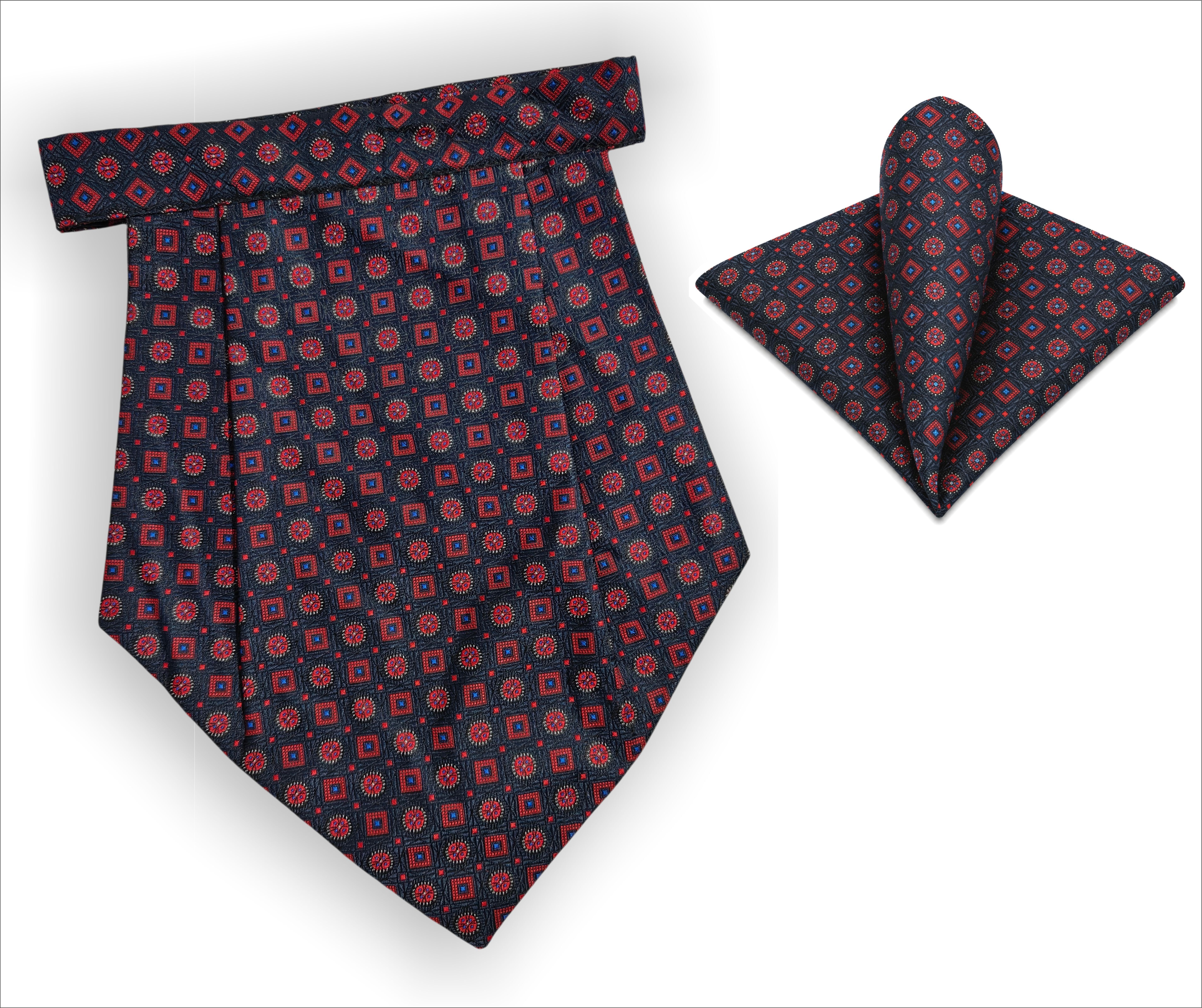 Mentiezi Premium Men's Black & Red Geometric Cravat with Matching Pocket Square(Hanky)Set Cravat-image-40