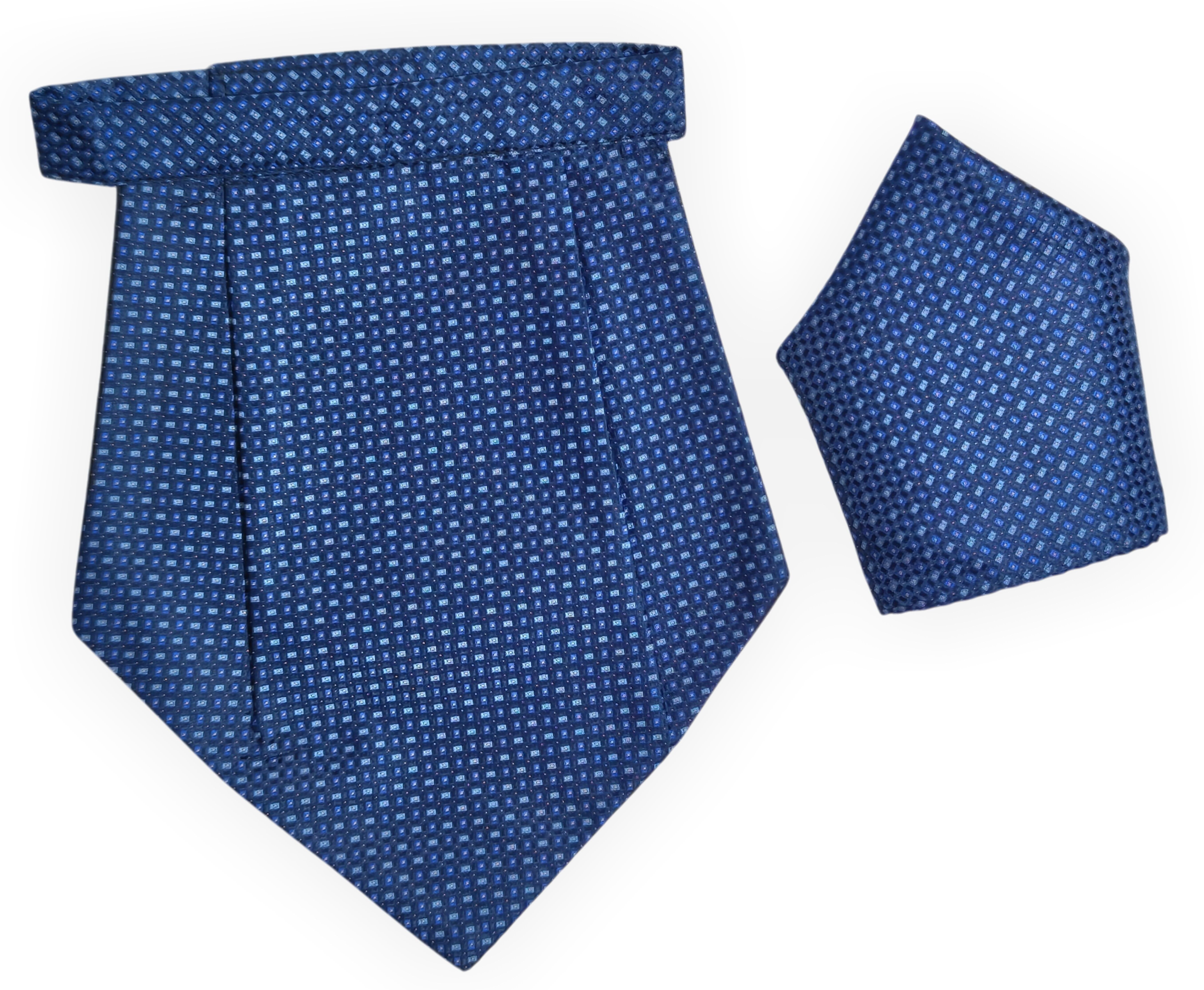 Mentiezi Premium Men's Royal Blue Geometric Cravat with Matching Pocket Square (Hanky)Set Cravat-image-42