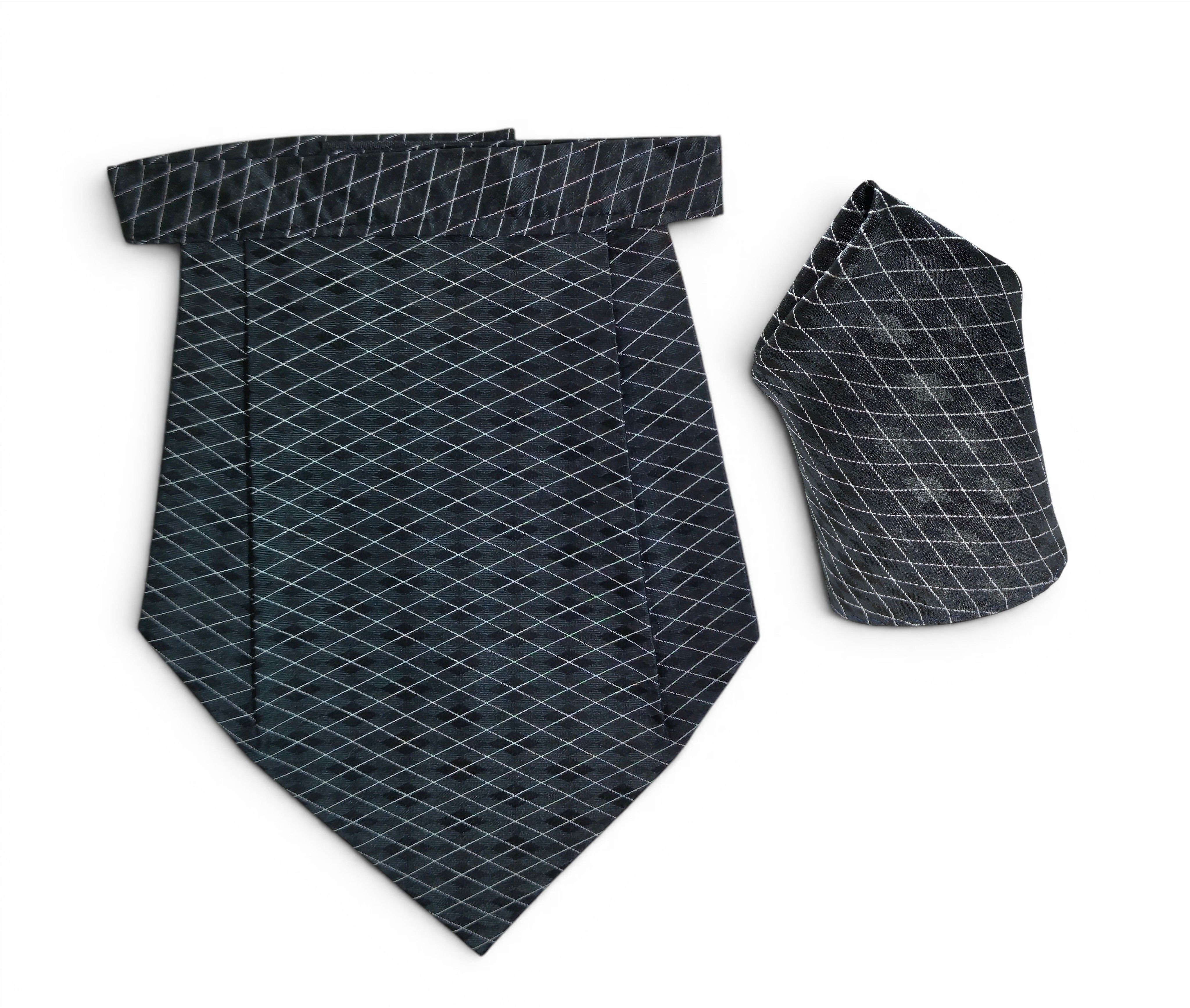 Mentiezi Premium Black Silver Checkered Cravat with Matching Pocket Square (Hanky)Set Cravat-image-34