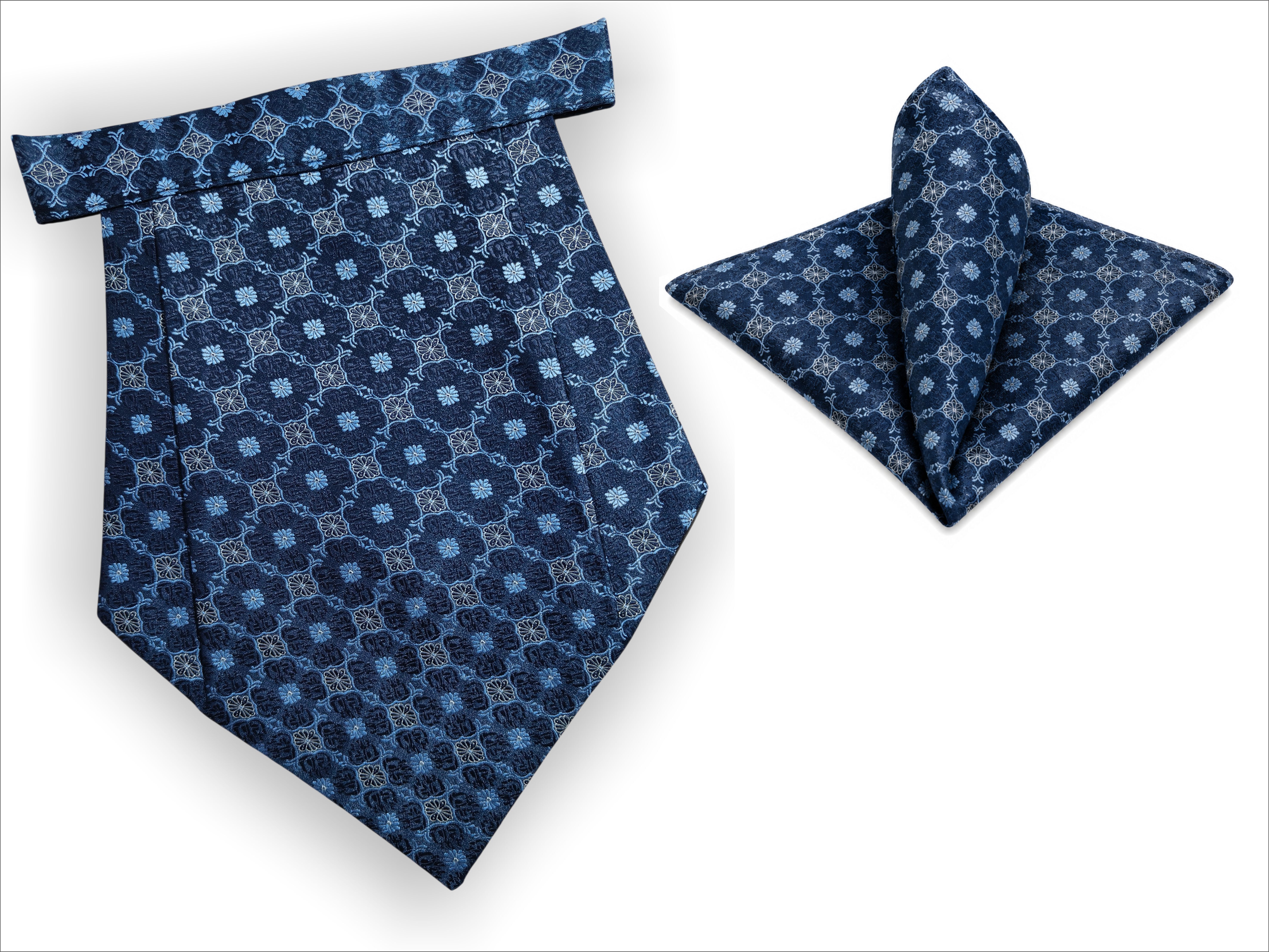Mentiezi Men's Premium Blue Floral Cravat with Matching Pocket Square (Hanky)Set Cravat-image-39