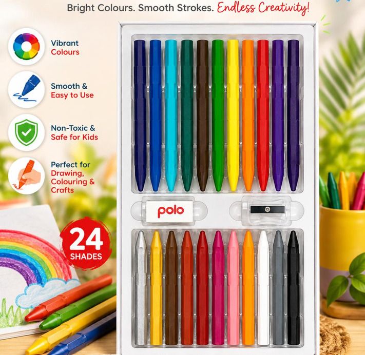 Plastic Crayons 24 Shades + Sharpener & Eraser | 110 mm Long | Smooth Coloring-image-8