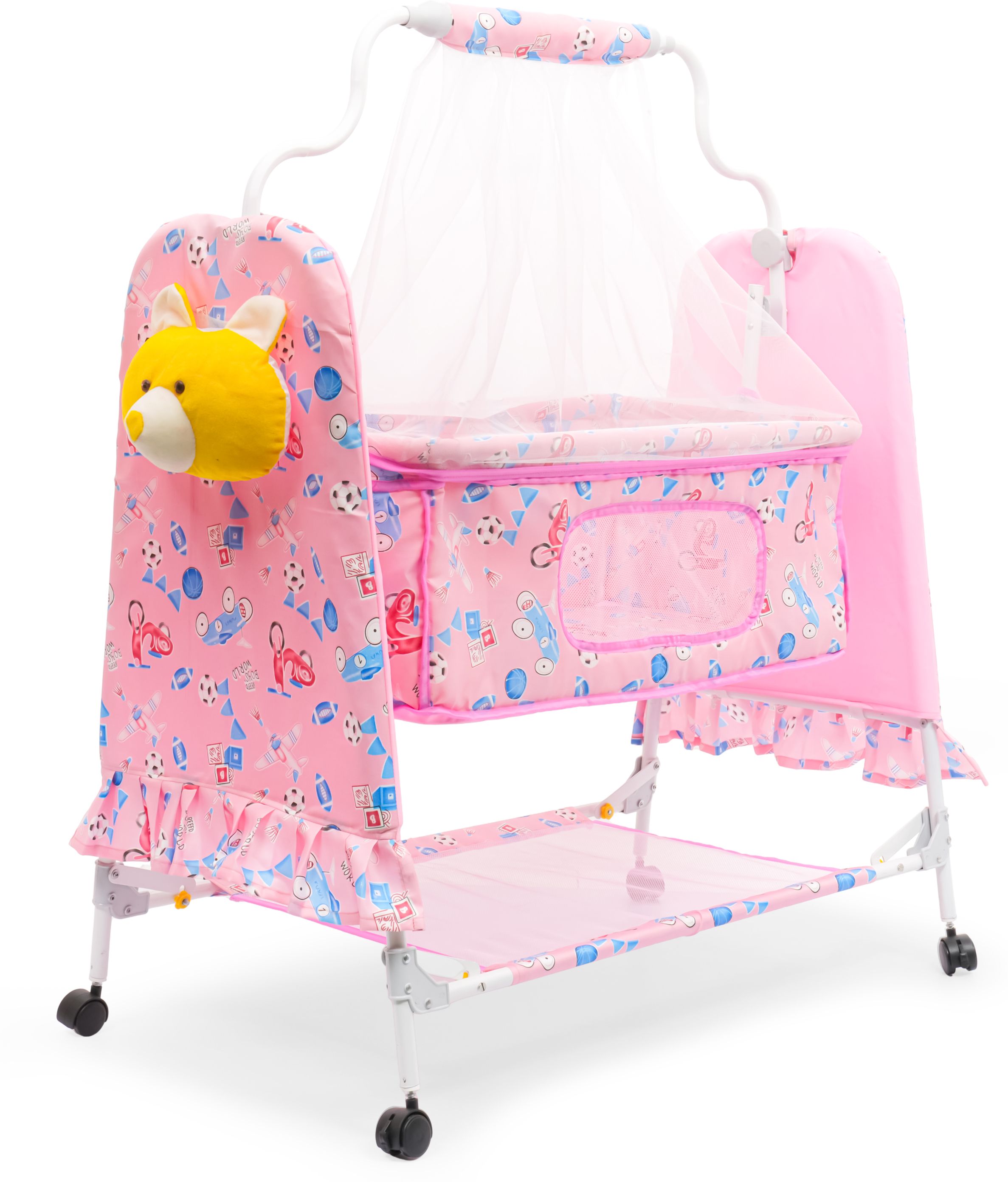 Cradle Pink with Wheels Storage Foldable Infant Bassinet with Mosquito Net-image-1