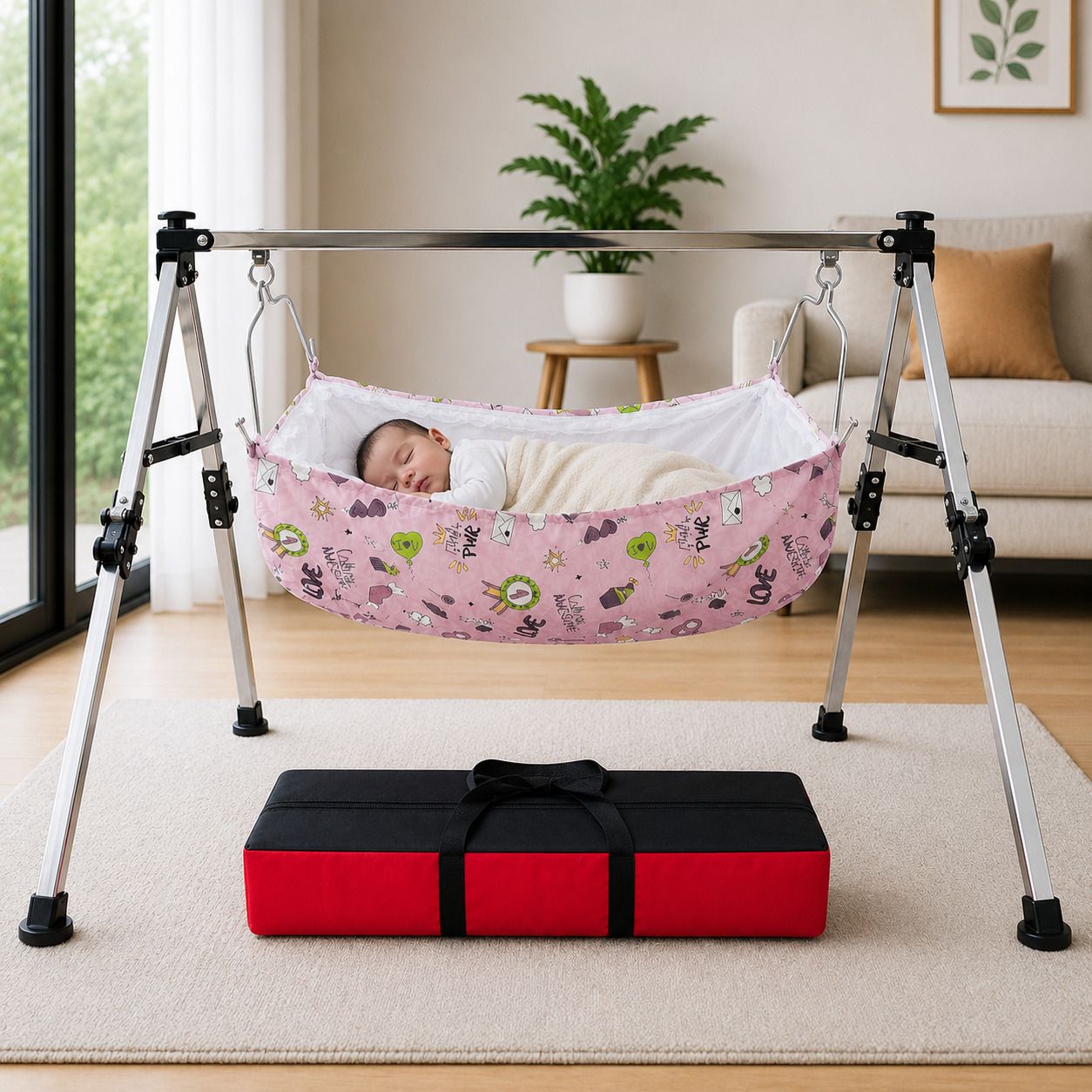 Semi Foldable Baby Cradle with Stand Jhula Ghodiyu Mosquito Net Swing hammock1PK-image-34