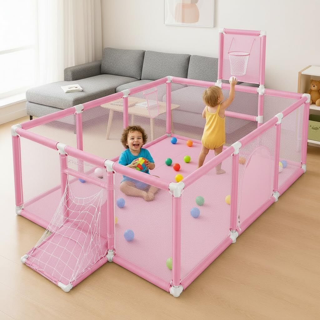 Kids Sports Playpen with Basketball Hoop Toddlers Activity Playpen-image-48