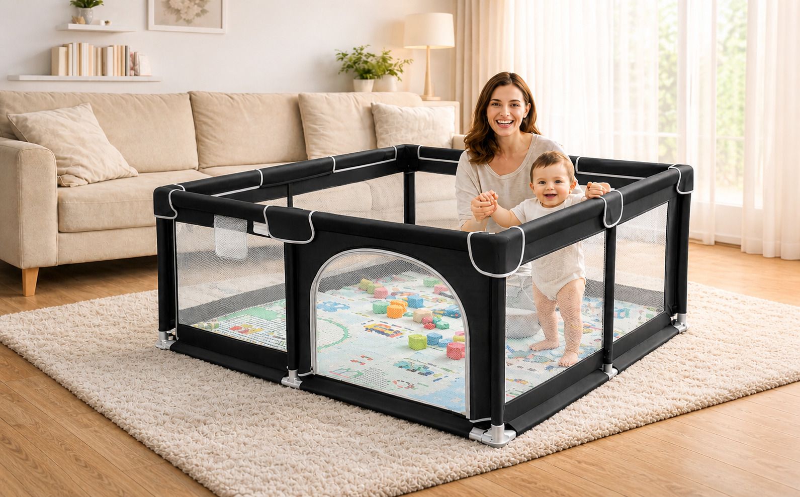 Kids Playpen Safety Fence Indoor Baby Play Area with Mesh Panels Pink-image-37