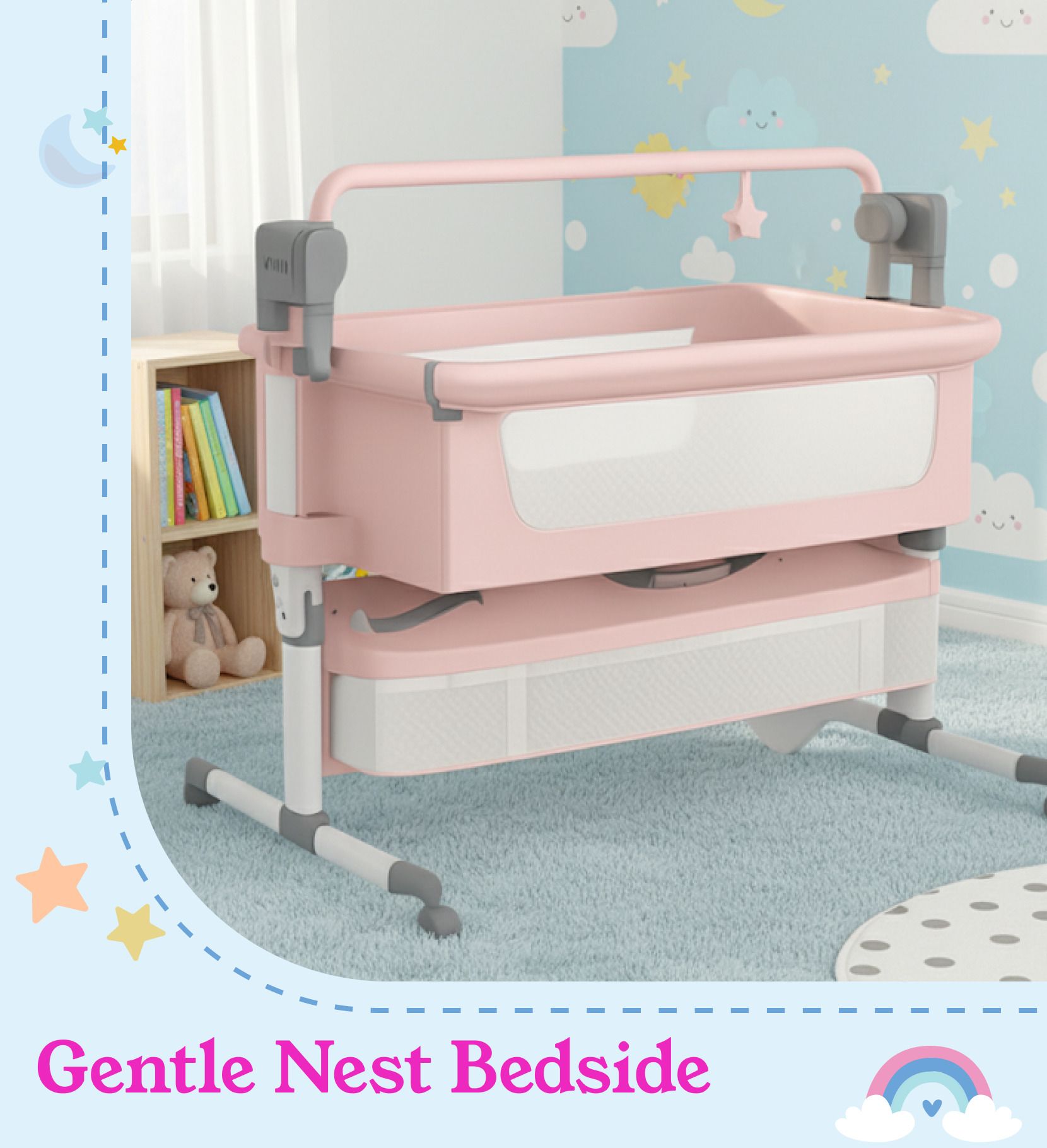 GentleNest 5-in-1 Baby Bedside Crib with Automatic Swing Bassinet (Pink)-image-41