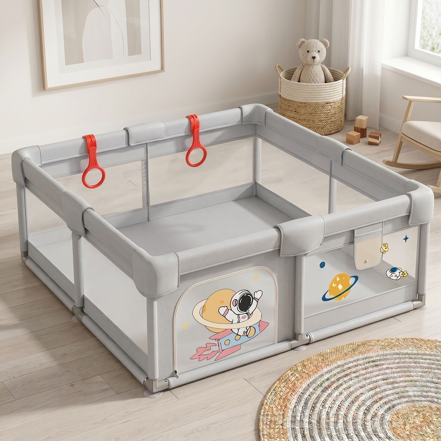 staranddaisy 180x200 cm Baby Playpen with Breathable Mesh, Anti-Fall Pull Rings & Safety Lock-picture-13