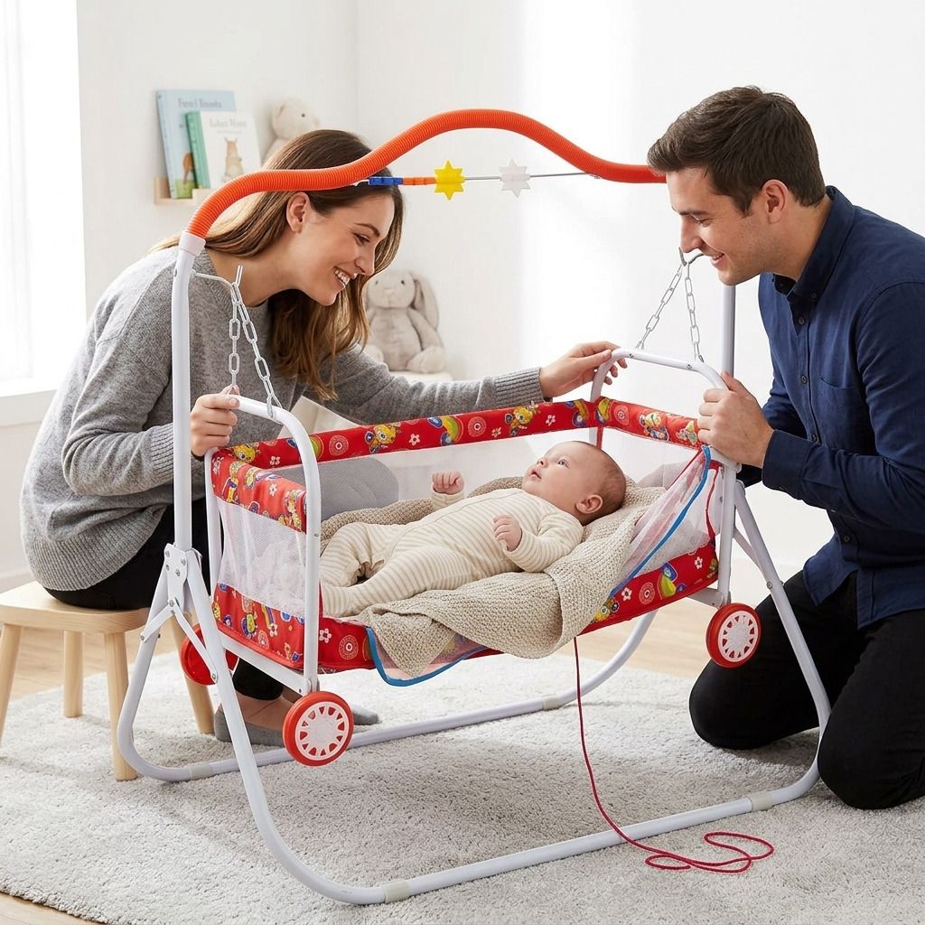 Baby swing cradle jhula with mosquito net (red)-image-45