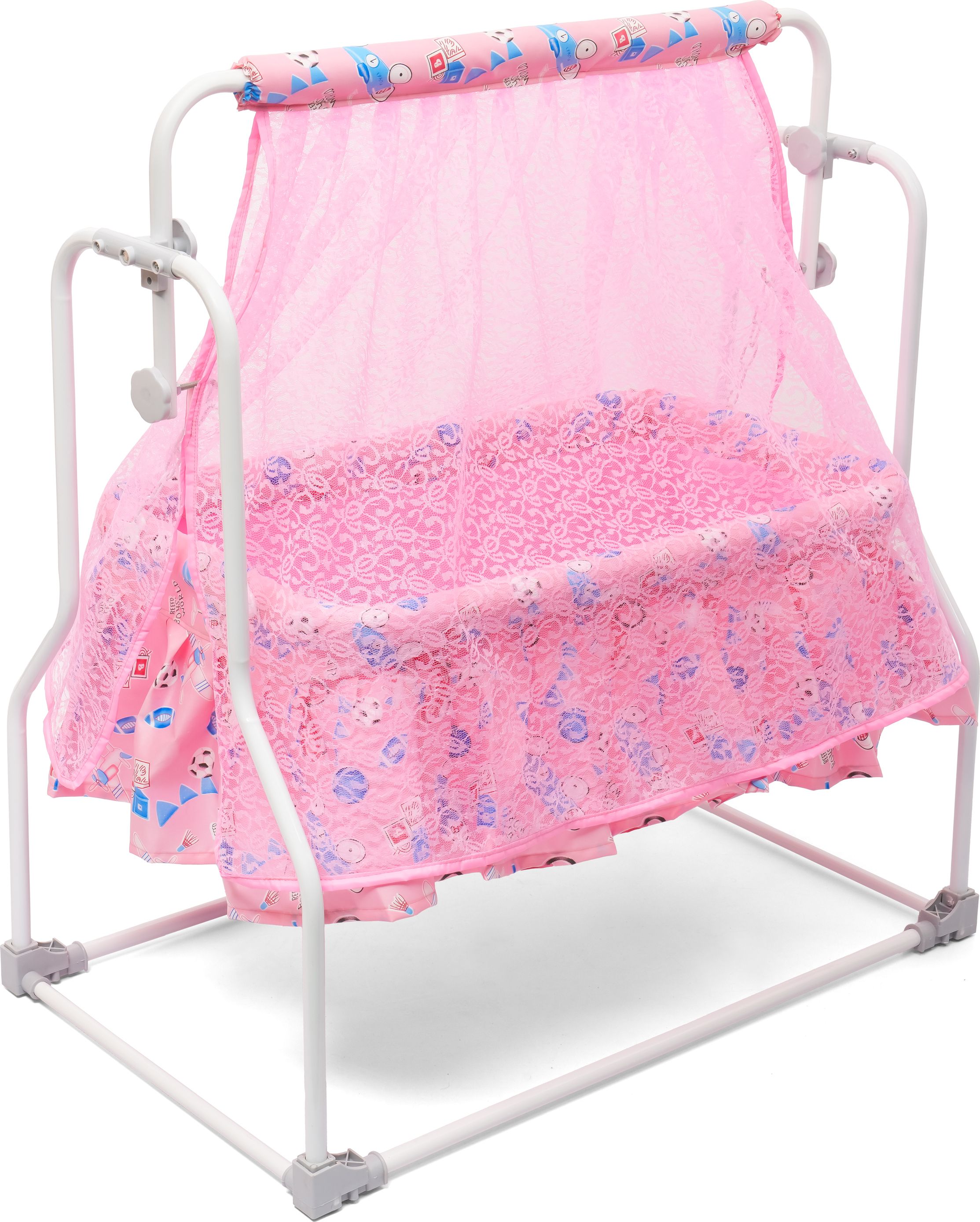 Monny Cradle Swing Blue Floral Lace Infant Bassinet with Breathable Mesh Netting-image-46