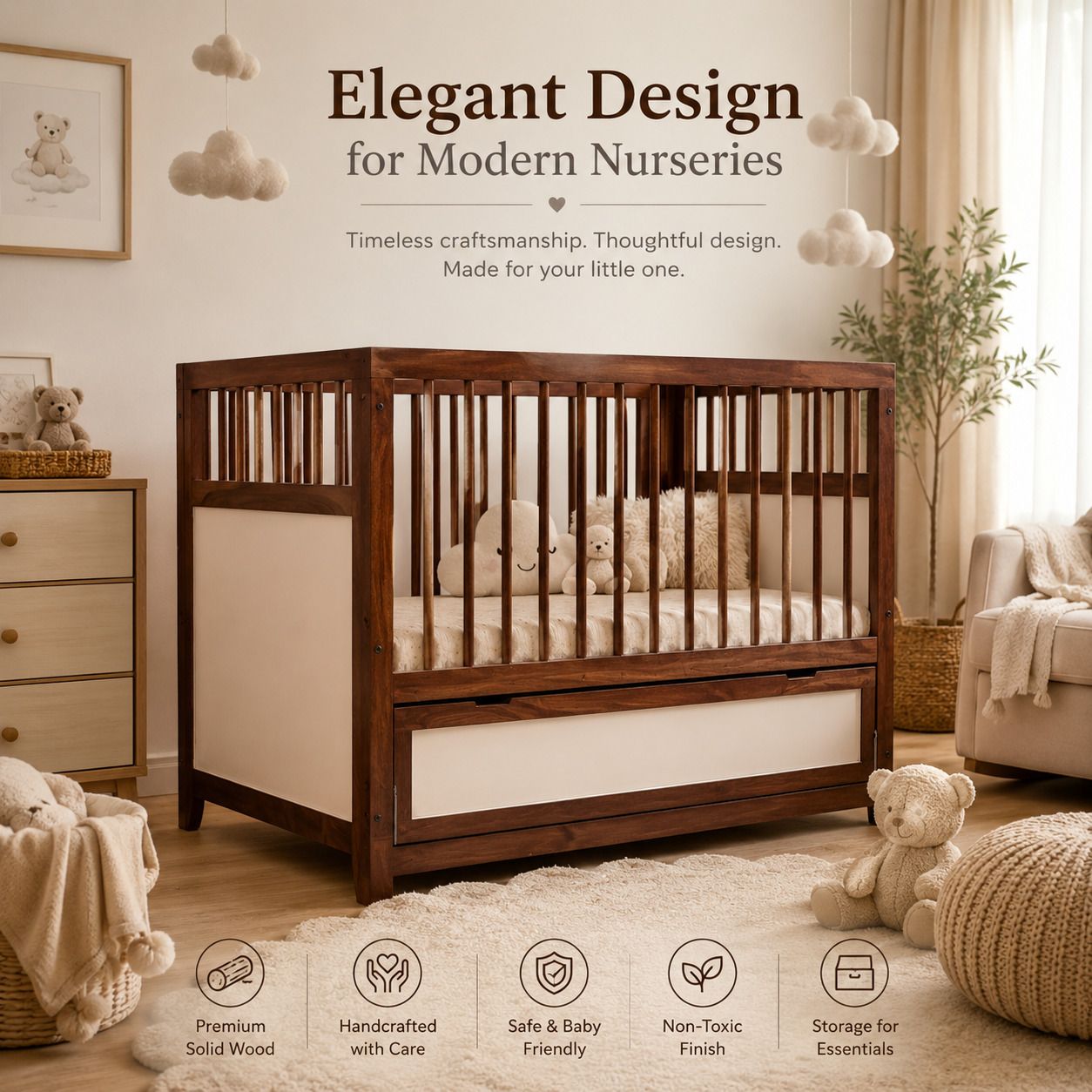 Victor Wooden Baby Cradle with Storage Drawer | Premium Solid Wood Baby Cot-image-24