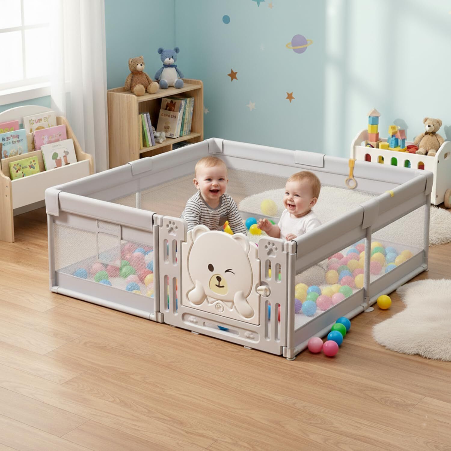 Playpen for Baby Kids Foldable Play Yard with Safety Fence Lock Mat Balls-image-34