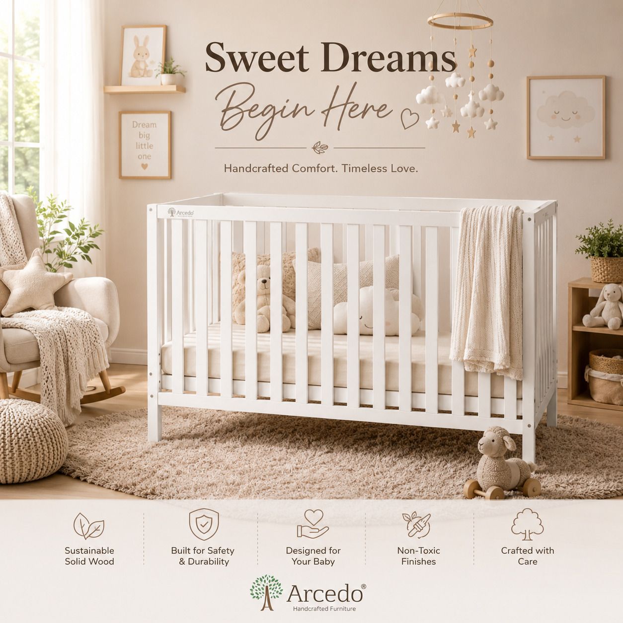 Arcedo Aspen Wooden Baby Cot for Baby| Crib with Adjustable Heights |White-image-37