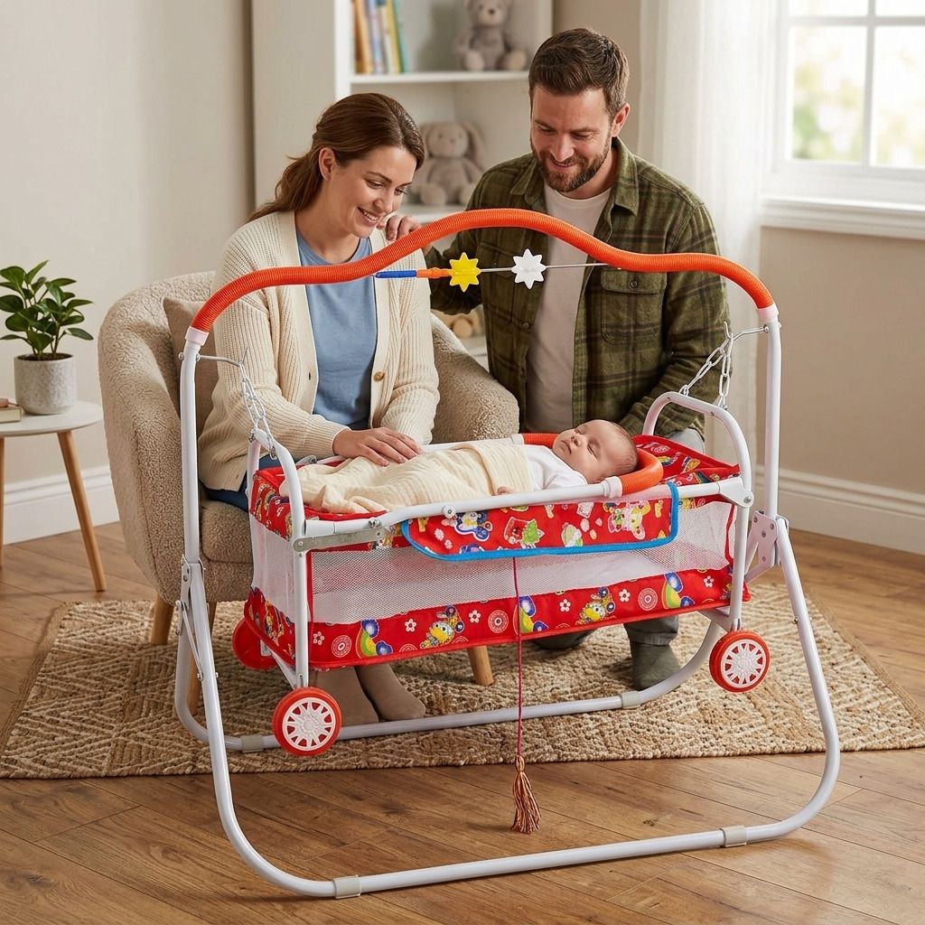 NIRJALA PRESENTS ATTRACTIVE BABY CRADLE WITH PURE MATTE WHITE COATTING (RED)-image-8