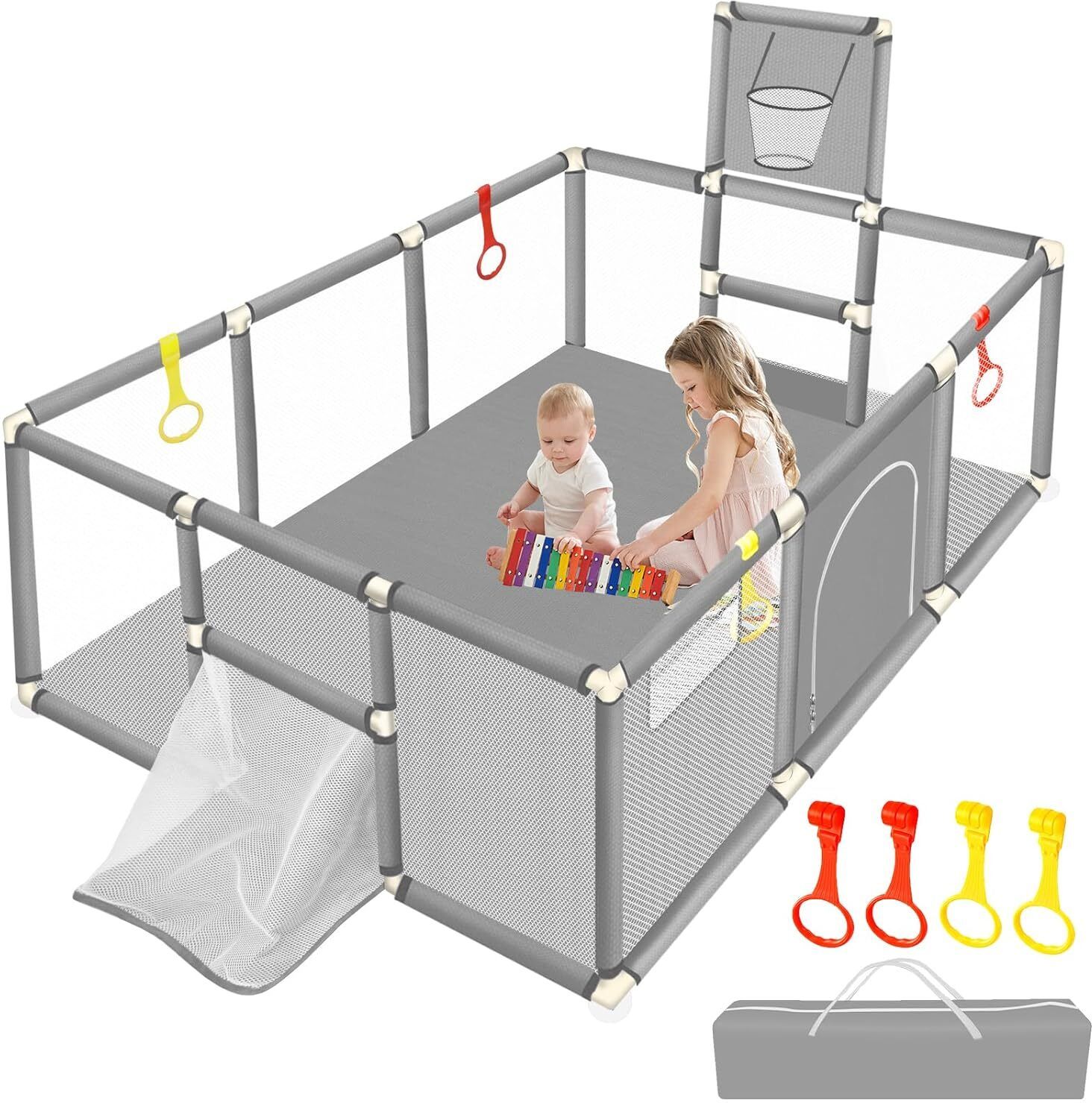 hevasnek Baby Playpen for Portable Indoor Outdoor Toddler Activity with Breathable( Gray)-picture-48