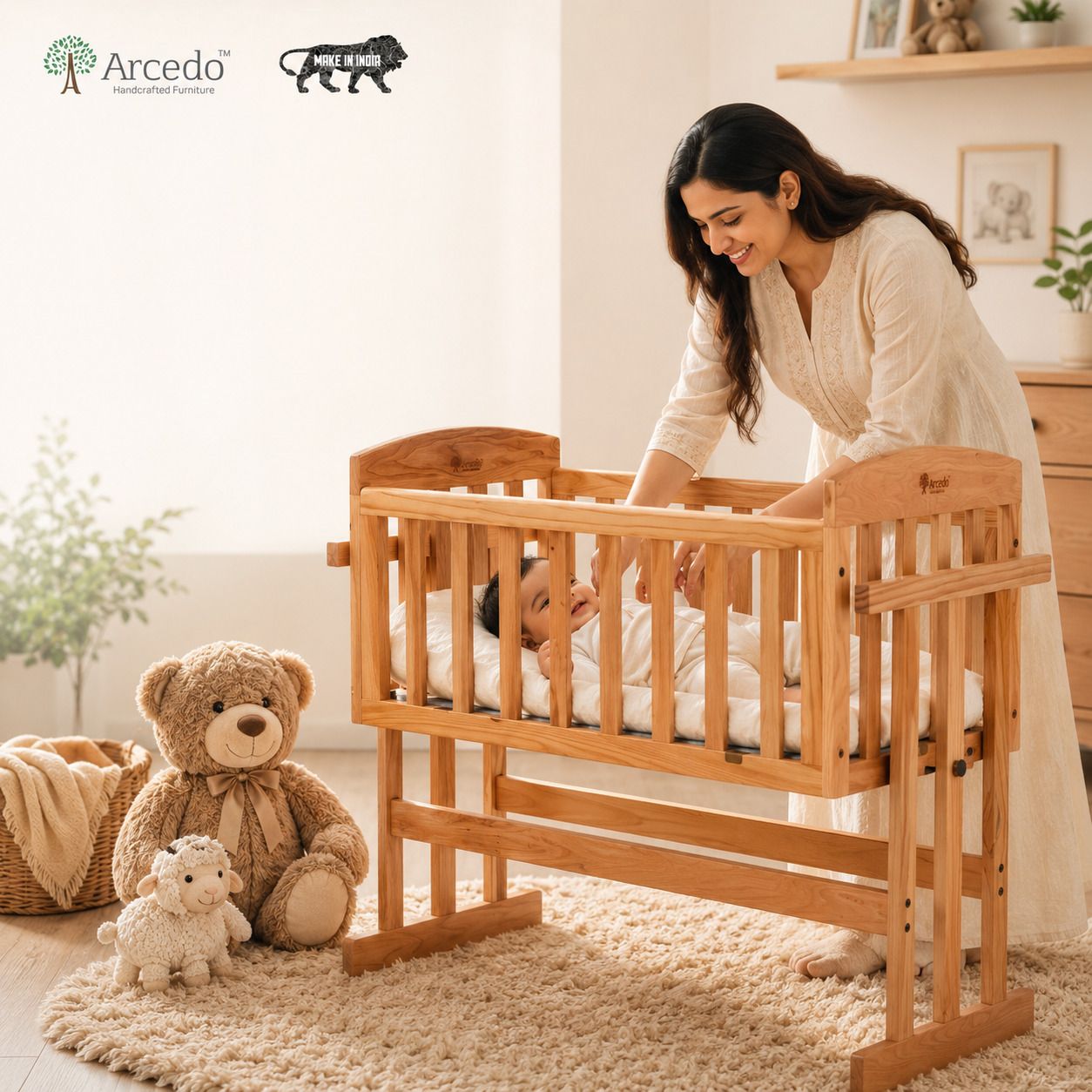 arcedo Amber 2 in 1 Wooden Baby Swing Cradle with Mosquito Net| Swing Stopper Knob-picture-31