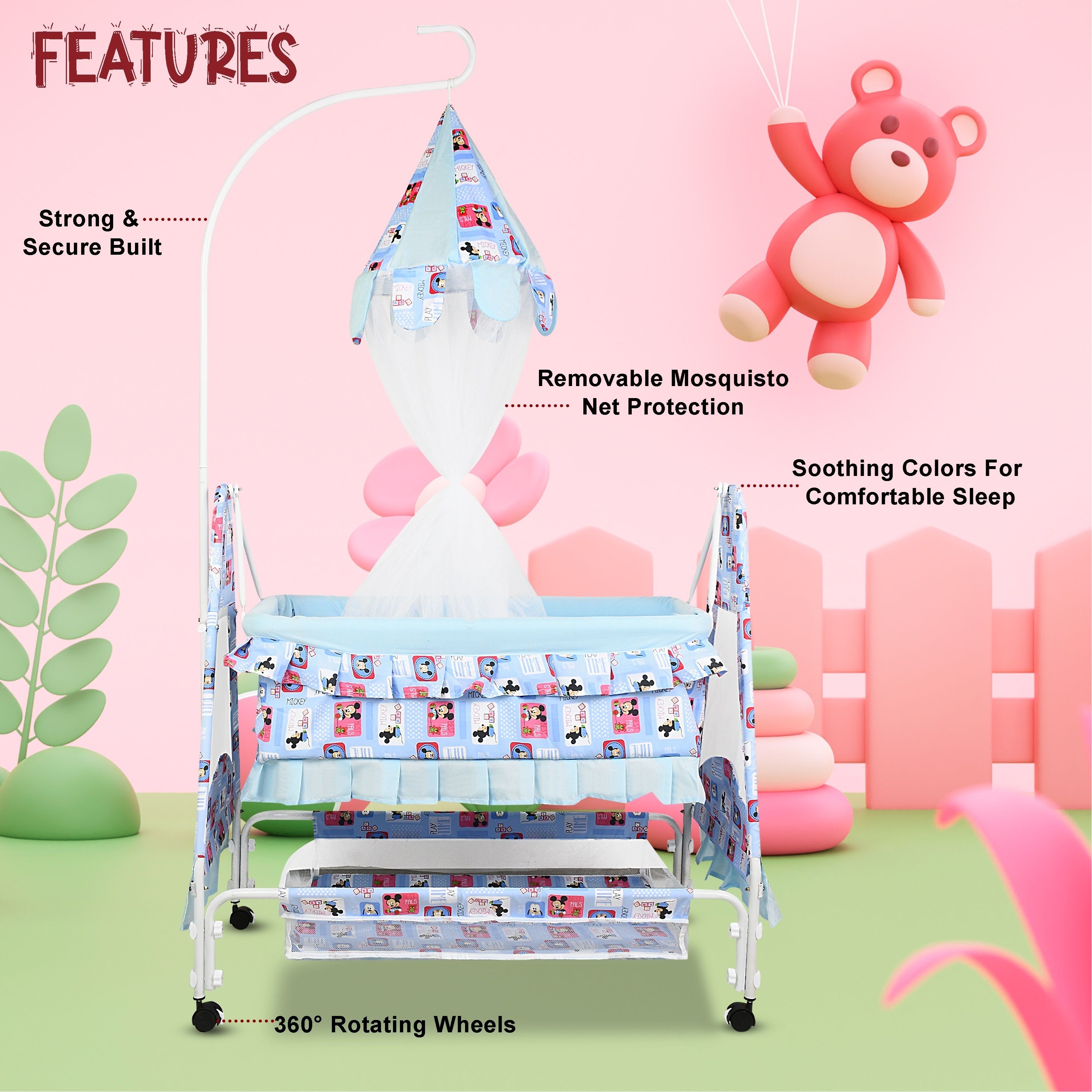 nexova Cradle for kids cradle for baby boy and girl Cradle With Swing & Mosquito Net Bassinet-picture-35