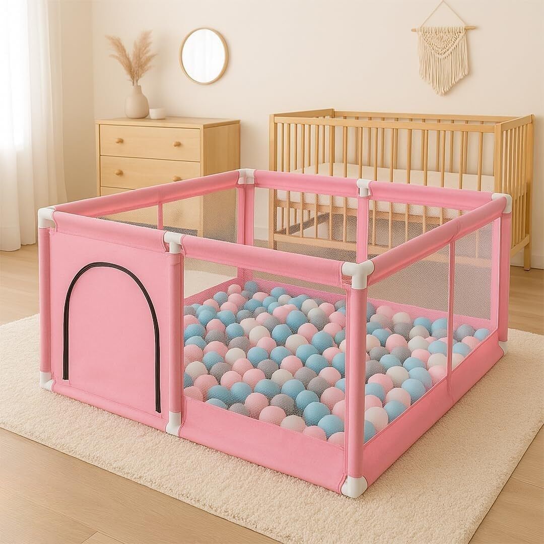 crega Baby Playpen with Ball – Portable Play Yard with Breathable Mesh Panels (Pink)-picture-20
